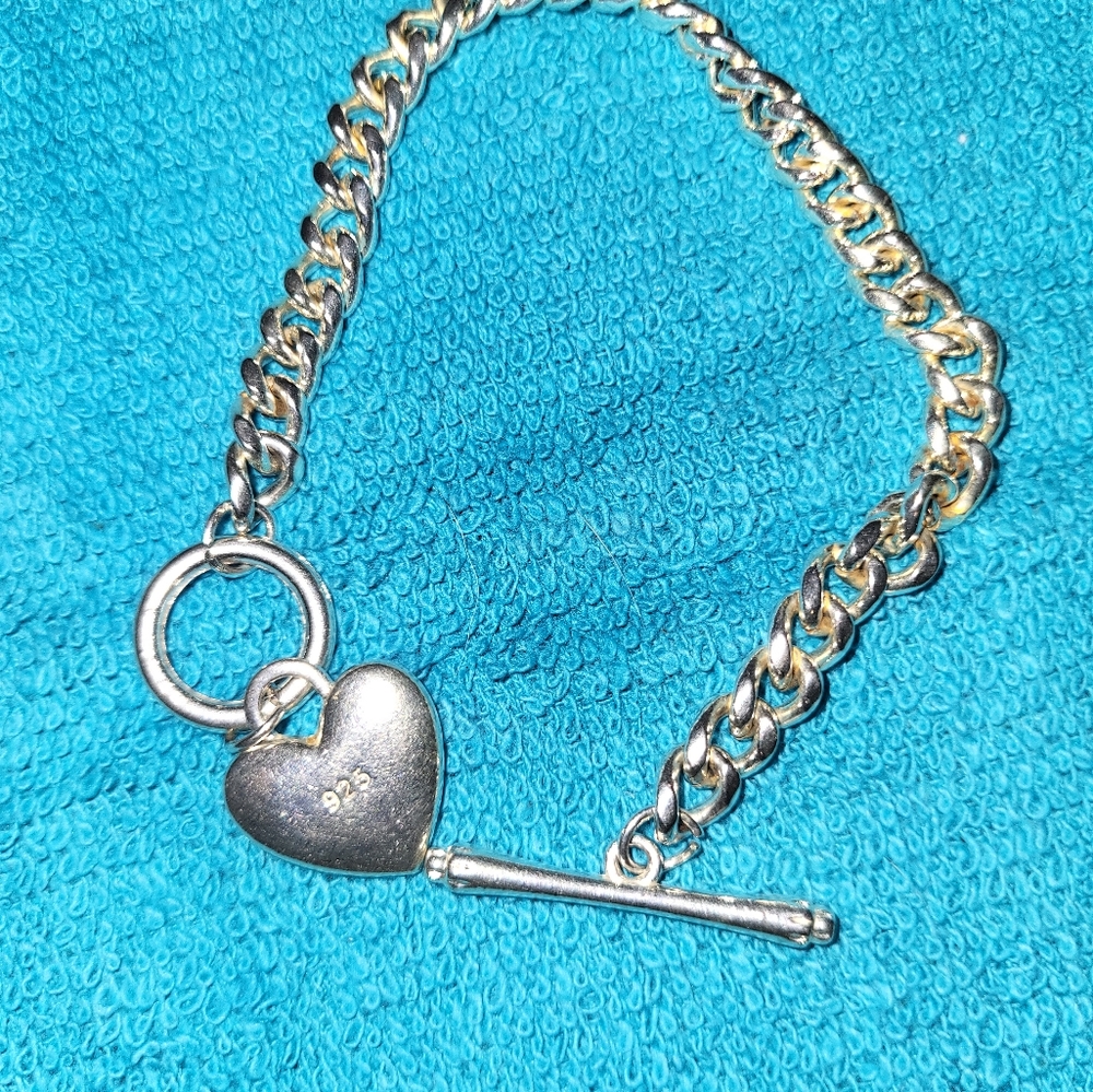 925 Silver link bracelet w/heart pendant, - Picture 3 of 4